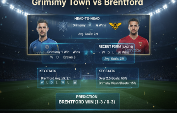 "Grafis prediksi English League Cup: Grimsby Town melawan Brentford, menunjukkan data dan statistik pertandingan, dengan logo PrediksiScore."