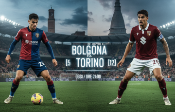 Logo duel Bologna dan Torino di tengah lapangan hijau Stadion Renato Dall'Ara, menyoroti pertandingan Serie A yang ketat.