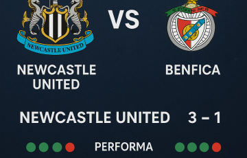 Grafik prediksi pertandingan UEFA Champions League antara Newcastle United dan Benfica pada 22 Oktober 2025, menampilkan skor akhir 3-1 untuk Newcastle United beserta statistik performa dan peluang gol.