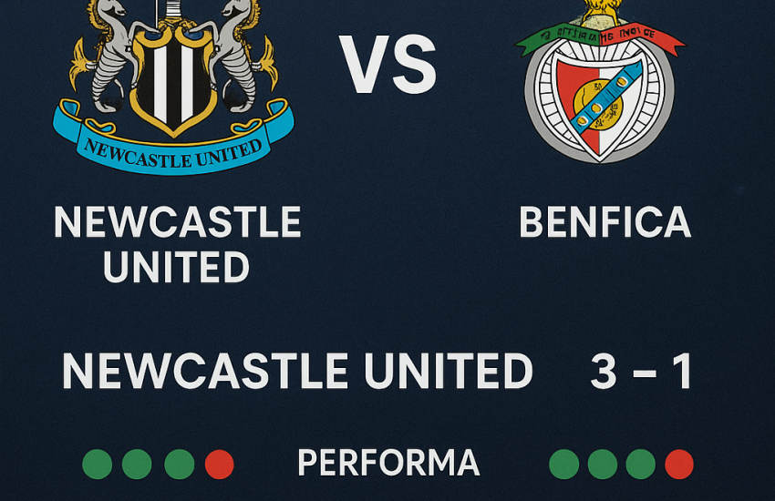 Grafik prediksi pertandingan UEFA Champions League antara Newcastle United dan Benfica pada 22 Oktober 2025, menampilkan skor akhir 3-1 untuk Newcastle United beserta statistik performa dan peluang gol.