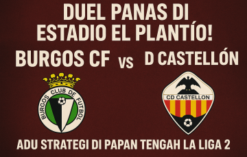 Gambar promosi pertandingan La Liga 2 antara Burgos CF dan CD Castellón di Estadio El Plantío, menampilkan logo kedua tim dengan latar warna merah marun dan teks “Duel Panas di Estadio El Plantío!”.
