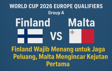 Gambar ilustrasi pertandingan kualifikasi Piala Dunia 2026 antara Finlandia dan Malta di stadion, dengan pemain Finlandia menyerang pertahanan Malta.