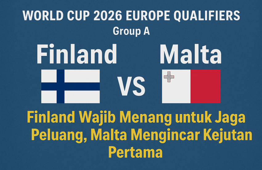 Gambar ilustrasi pertandingan kualifikasi Piala Dunia 2026 antara Finlandia dan Malta di stadion, dengan pemain Finlandia menyerang pertahanan Malta.