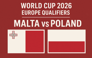 “Poster pertandingan World Cup 2026 Qualifiers antara Malta vs Poland dengan tampilan bendera kedua negara.”