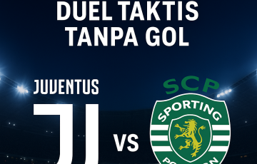 Gambar promosi pertandingan UEFA Champions League antara Juventus dan Sporting Lisbon dengan latar stadion malam hari.