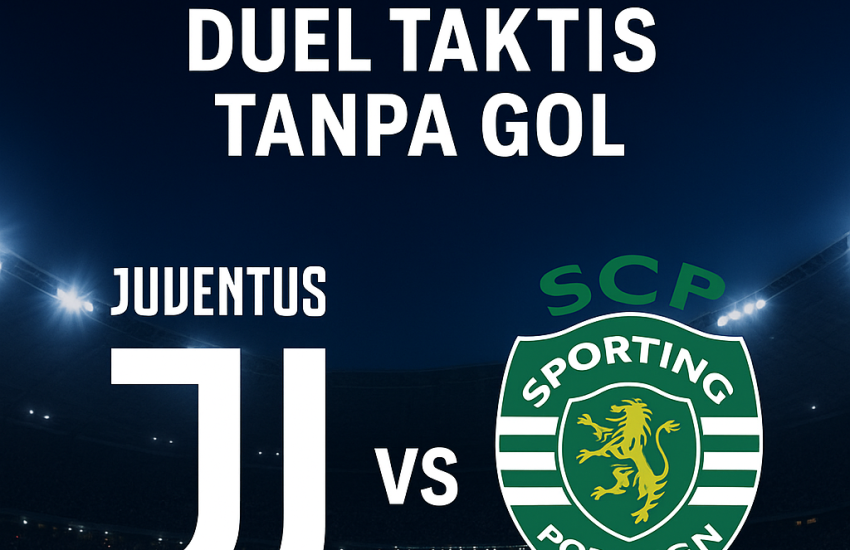 Gambar promosi pertandingan UEFA Champions League antara Juventus dan Sporting Lisbon dengan latar stadion malam hari.