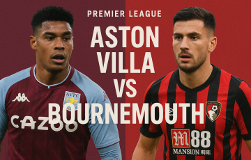 “Poster pertandingan Aston Villa vs Bournemouth di Premier League, menampilkan dua pemain dari masing-masing tim dengan latar warna khas klub mereka.”