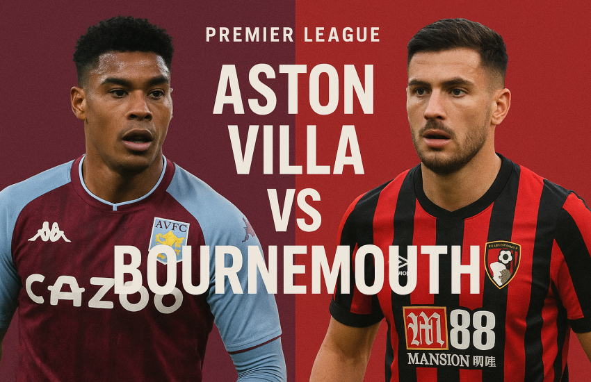“Poster pertandingan Aston Villa vs Bournemouth di Premier League, menampilkan dua pemain dari masing-masing tim dengan latar warna khas klub mereka.”