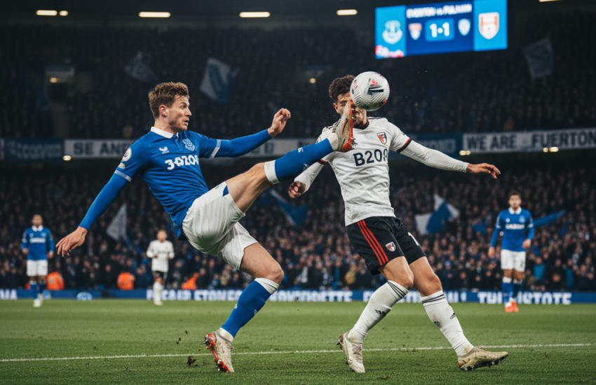 Pertarungan bola udara intens antara pemain Everton (jersey biru) dan pemain Fulham (jersey putih) di stadion Goodison Park.