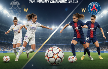 Poster pertandingan sepak bola Liga Champions Wanita antara Real Madrid Women dan Paris FC Women.