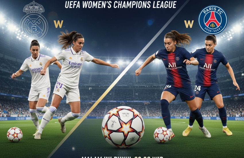 Poster pertandingan sepak bola Liga Champions Wanita antara Real Madrid Women dan Paris FC Women.