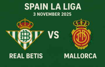 Logo Real Betis dan Mallorca dengan tulisan “Spain La Liga 3 November 2025”, menggambarkan pertandingan La Liga antara Real Betis vs Mallorca.