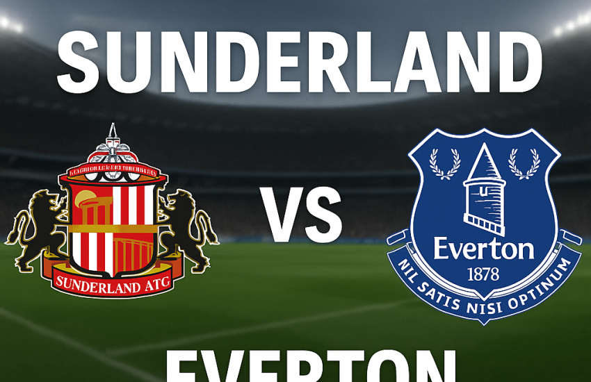 Poster pertandingan English Premier League antara Sunderland dan Everton di Stadium of Light dengan latar stadion sepak bola dan logo kedua tim.