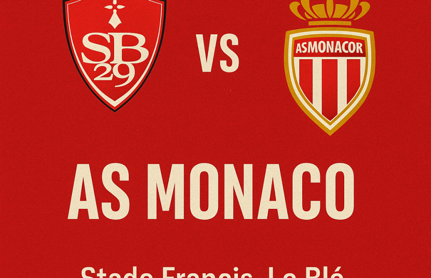 “Ilustrasi pertandingan Ligue 1 antara Brest vs AS Monaco di Stade Francis-Le Blé dengan nuansa merah–putih biru.”