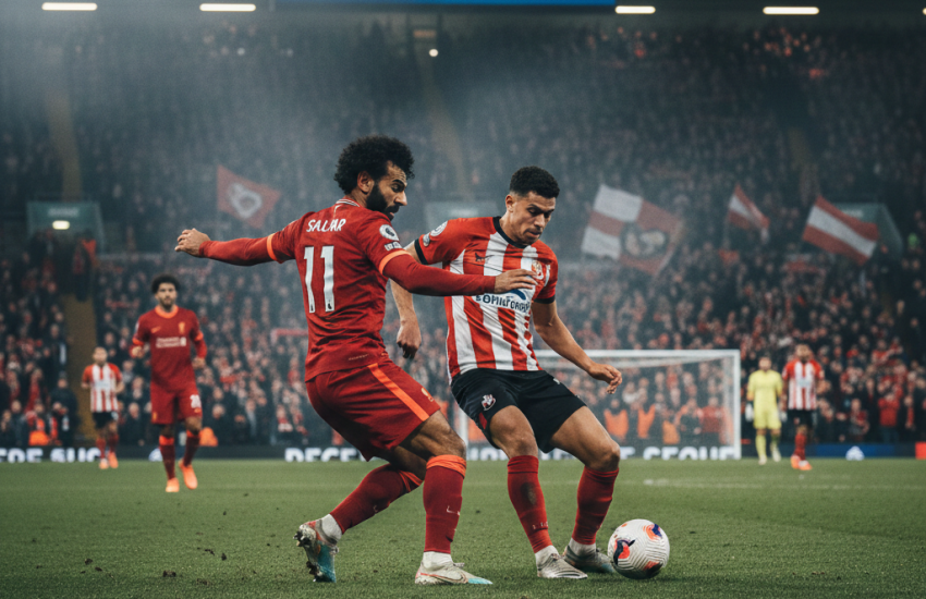 Liverpool vs Sunderland di Anfield: Mohamed Salah (Liverpool) sedang berebut bola dengan pemain Sunderland di tengah lapangan.